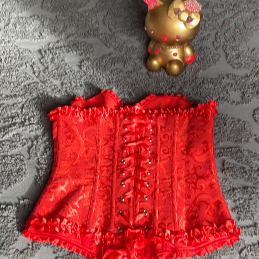 Red Satin brocade CORSET, Lisa is down the back size small. Perfect condition. - Picture 2 of 7